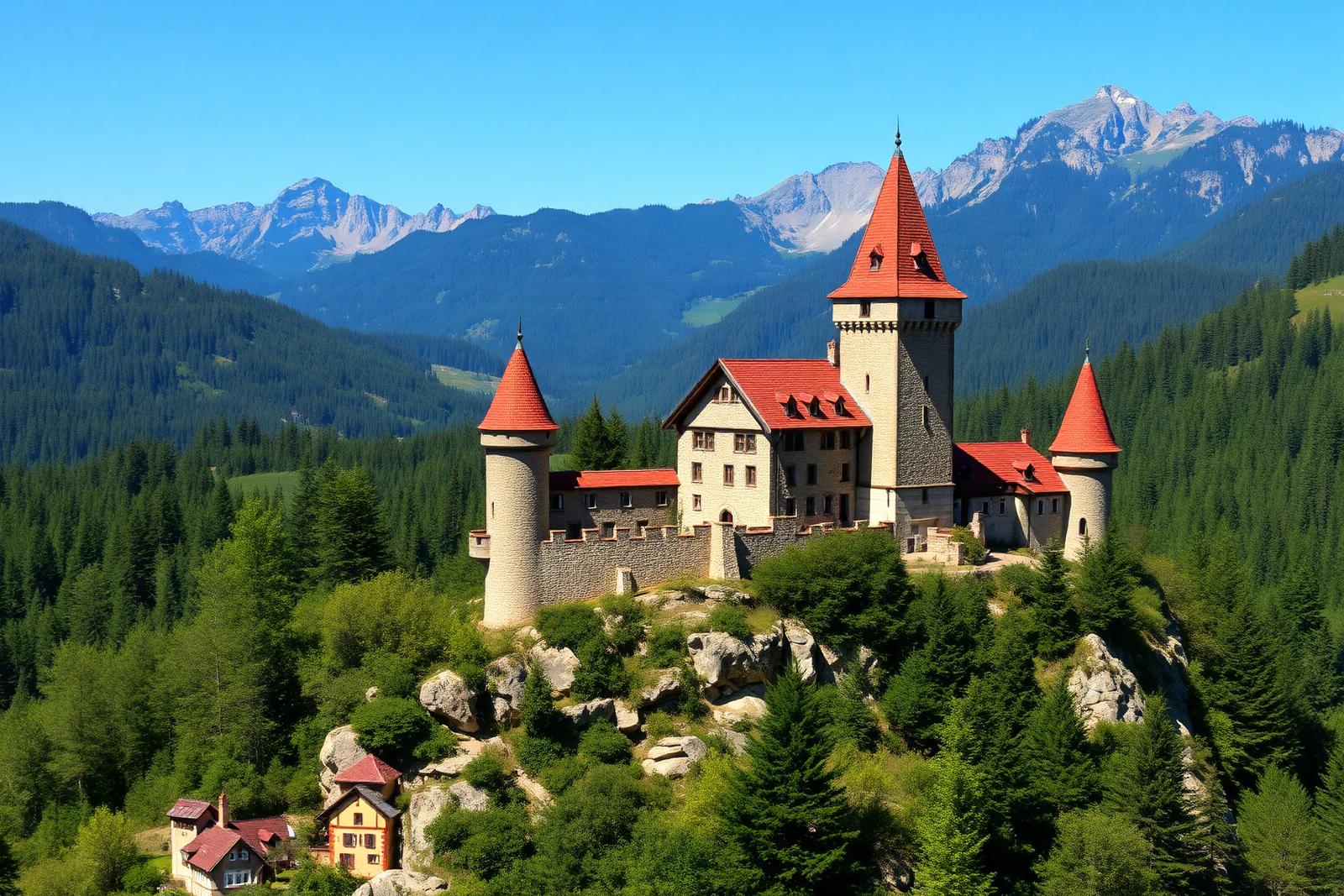 Castelul Bran pe dealul său stâncos, cu munți în fundal